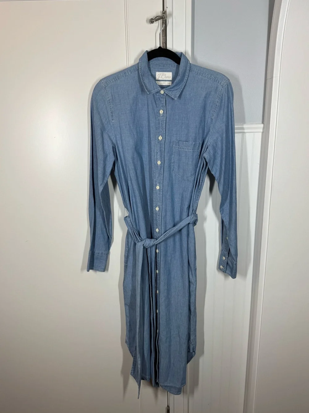 J. Crew chambray denim Blue belted midi Shirt Dress size small tall fall classic